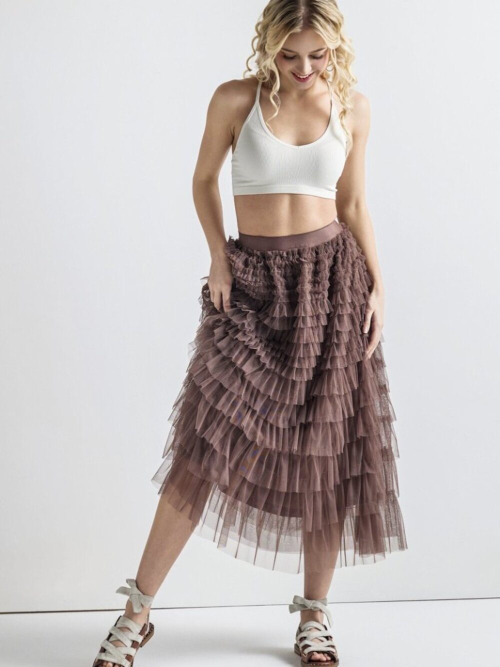 B113 Tiered Tulle Maxi Skirt Boho Western Coffee Brown NEW